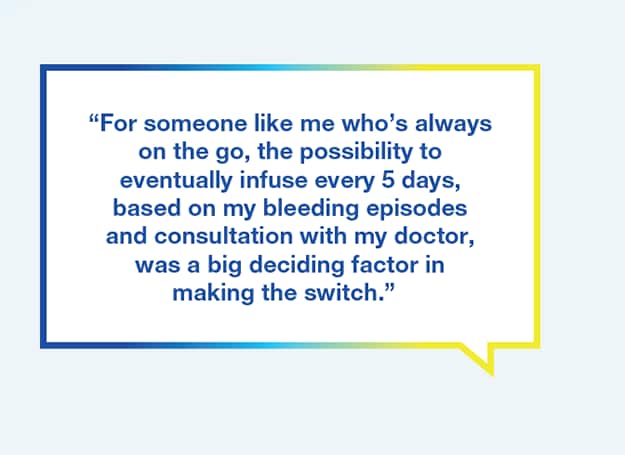 Graphic with text saying For someone like me who’s always on the go, the possibility to eventually infuse every 5 days, based on my bleeding episodes and consultation with my doctor, was a big deciding factor in making the switch.