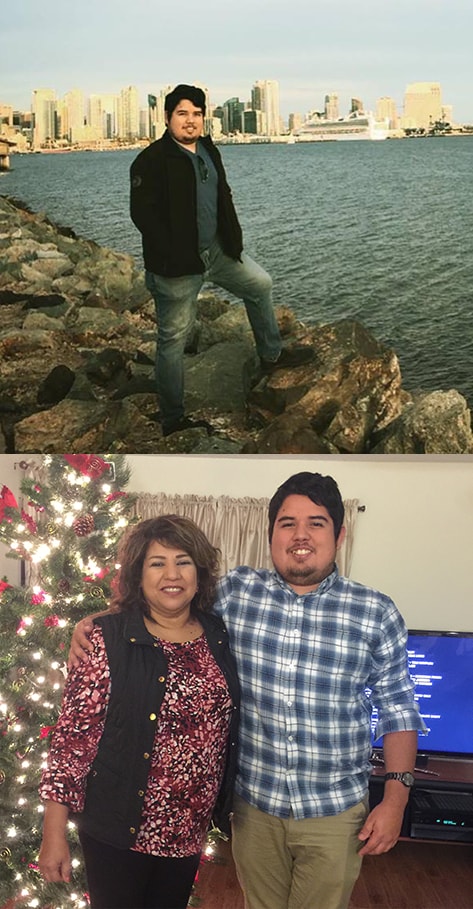 Zach standing on rocks posing by the water. Zach posing with his mom by a Christmas tree.