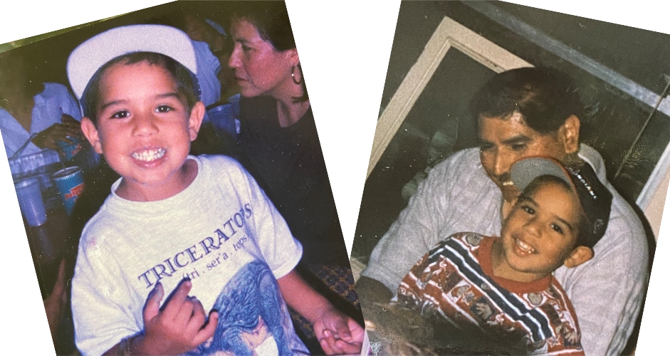 Zach Castillo as a young boy and Zach as a child sitting on his Uncle John’s lap