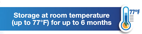 Thermometer icon with text saying storage at room temperature up to 77 degrees Fahrenheit for up to 6 months